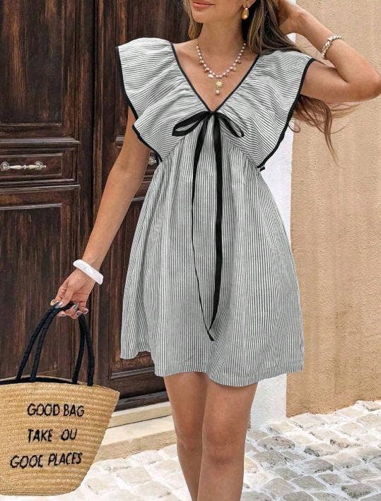 Anna Kaci Wholesale - Striped Mini Dress with Ruffle Sleeves and Front Bow