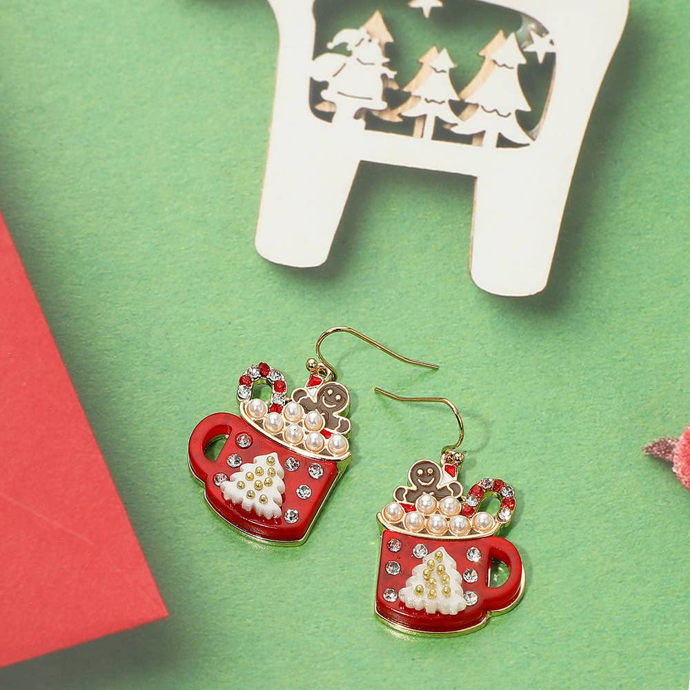 Sensibling Corp. - Gingerbread Man Pearl Bubble Holiday Cocoa Mug Dangle Earrings