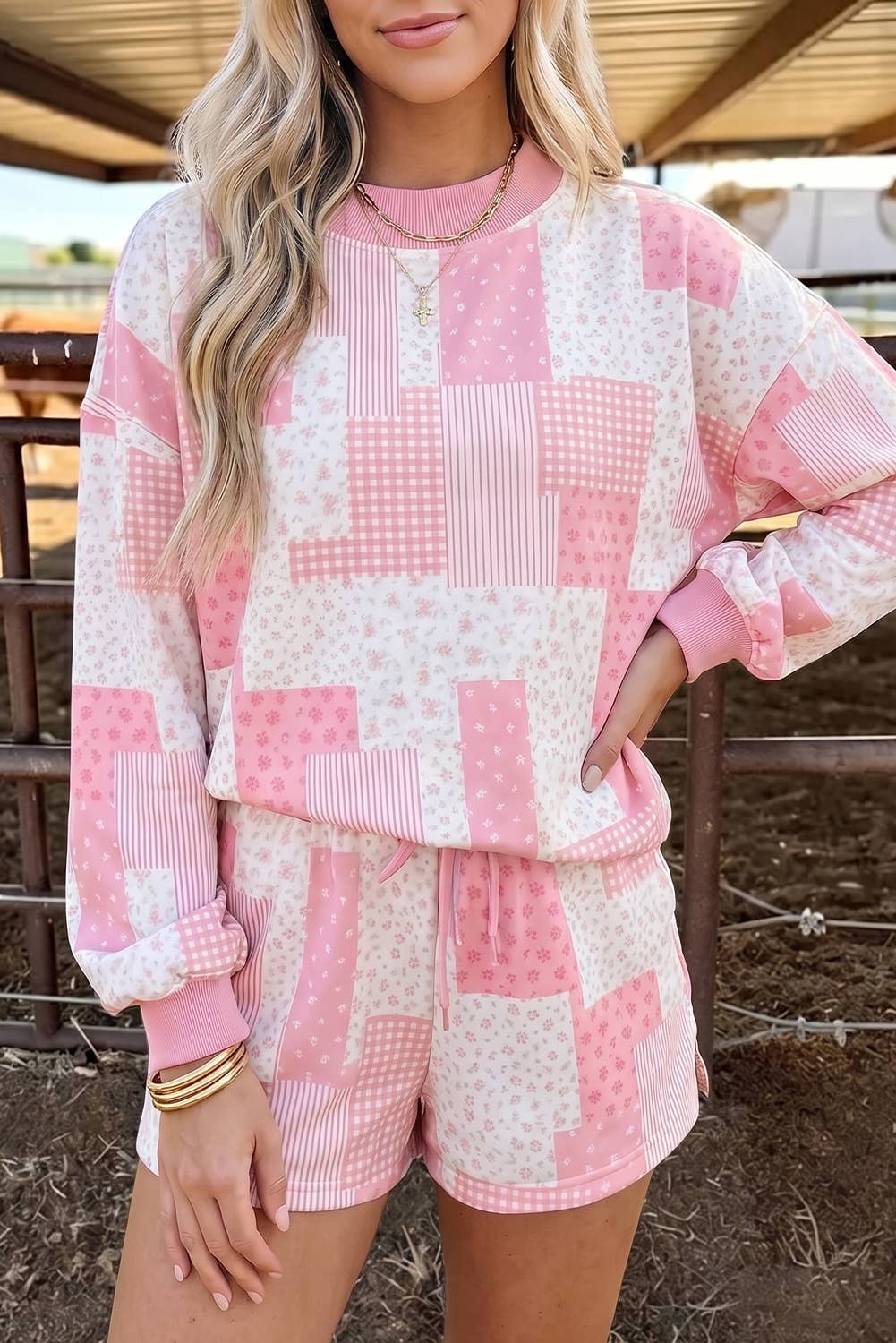 fashionworks - Full Size Floral Long Sleeve Baggy Pullover 2pcs Shorts Set