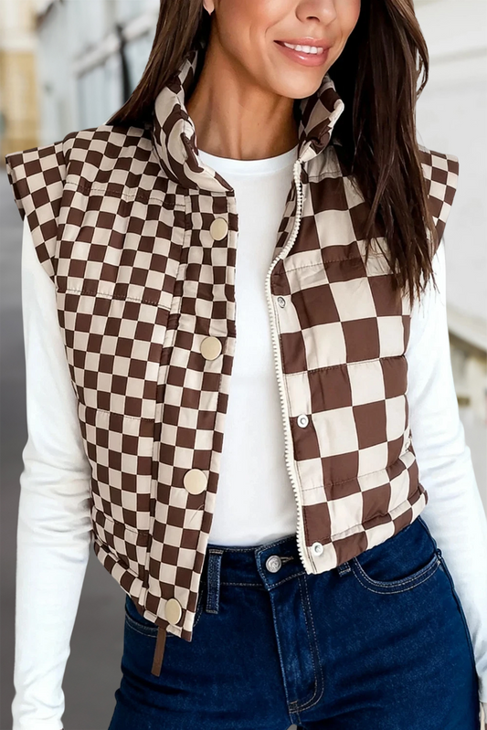 Aapparella - Checkerboard Zip Up Snap Button Puffer Vest | S-XL