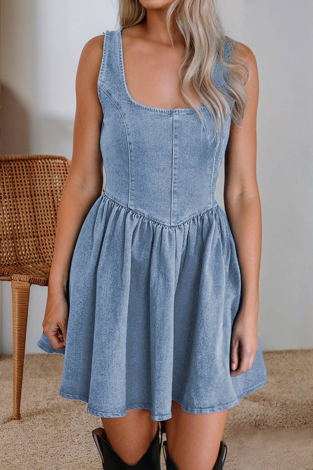 Little Daisy Closet -  LDC Square Neck Bowknot A-line Sleeveless Denim Dress