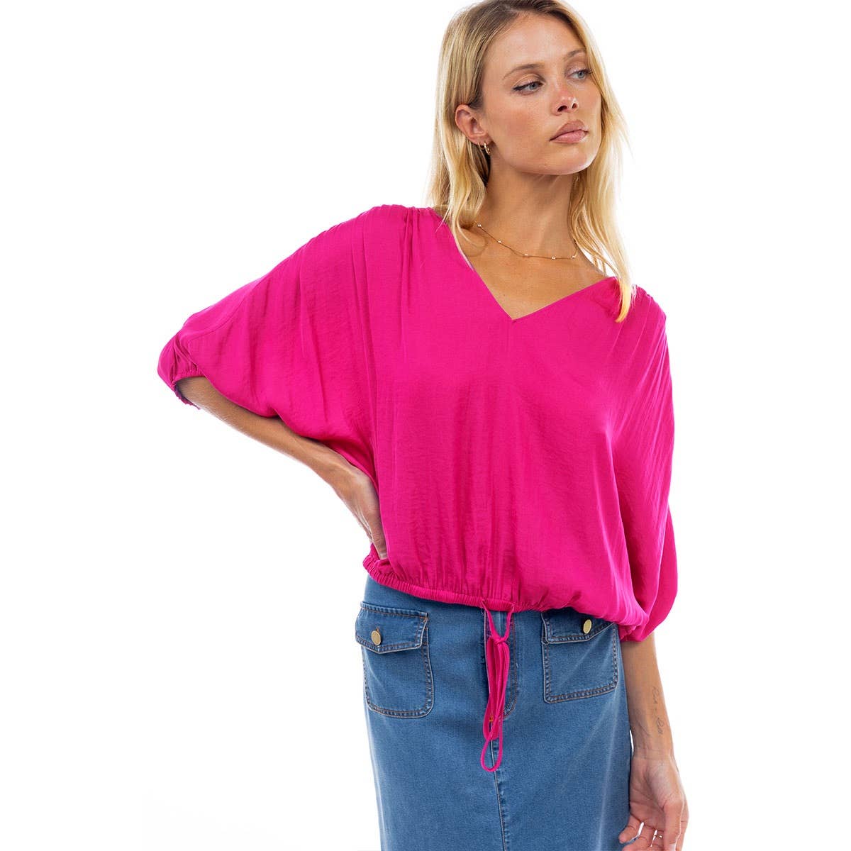 Hot Pink Cropped Blouse With Elasticized Waist