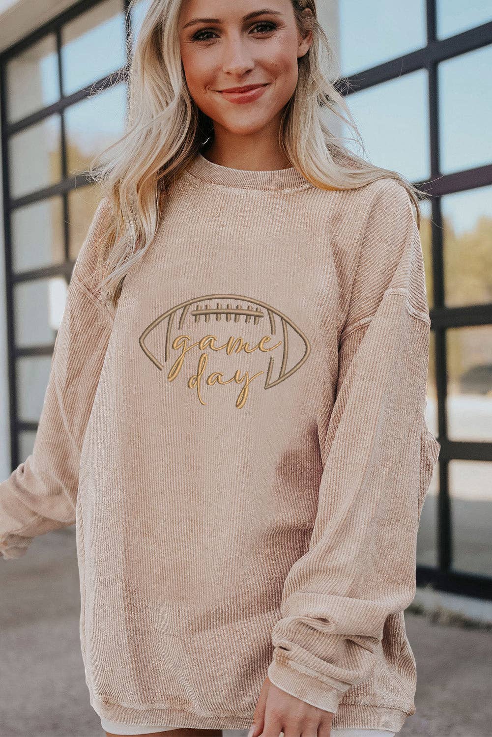 Lovesoft - Apricot Rugby Game Day Embroidered Corduroy Sweatshirt