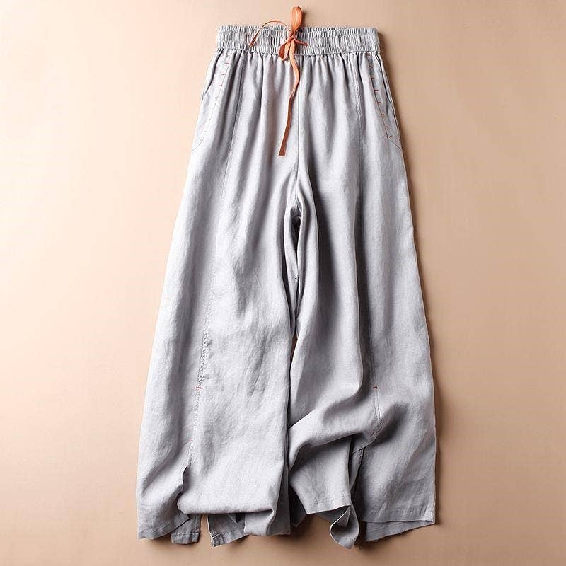 Solid Color Casual Loose Fit Nine-Point Wide Leg Pants: LINEN / M