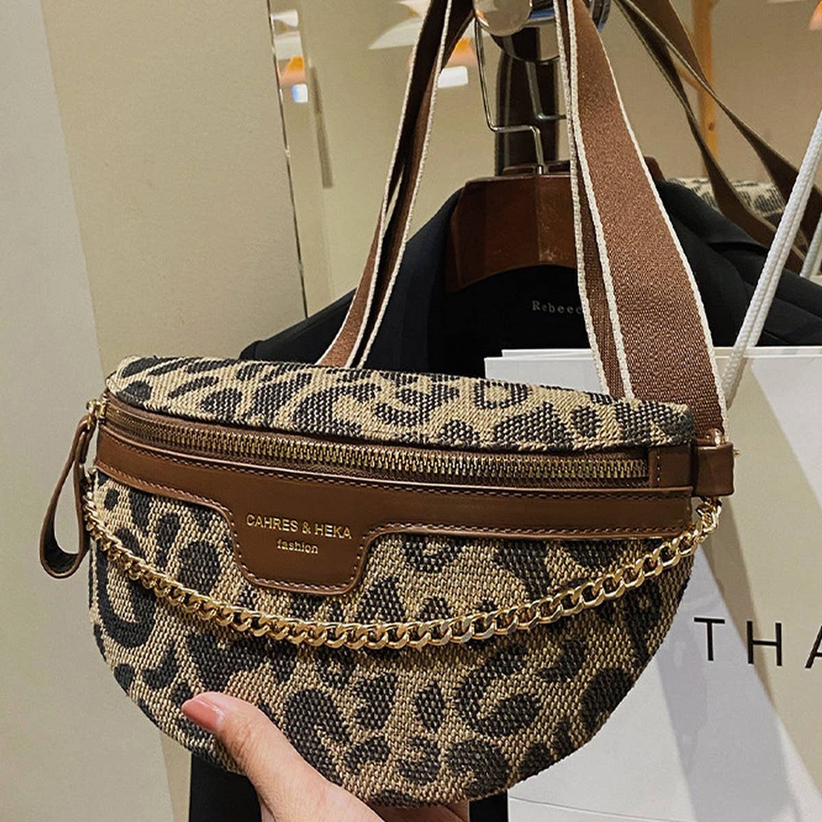 ACCITY - LEOPARD PRINT BLACK CHAIN STRAP FANNY BELT BAG_CWAB0923