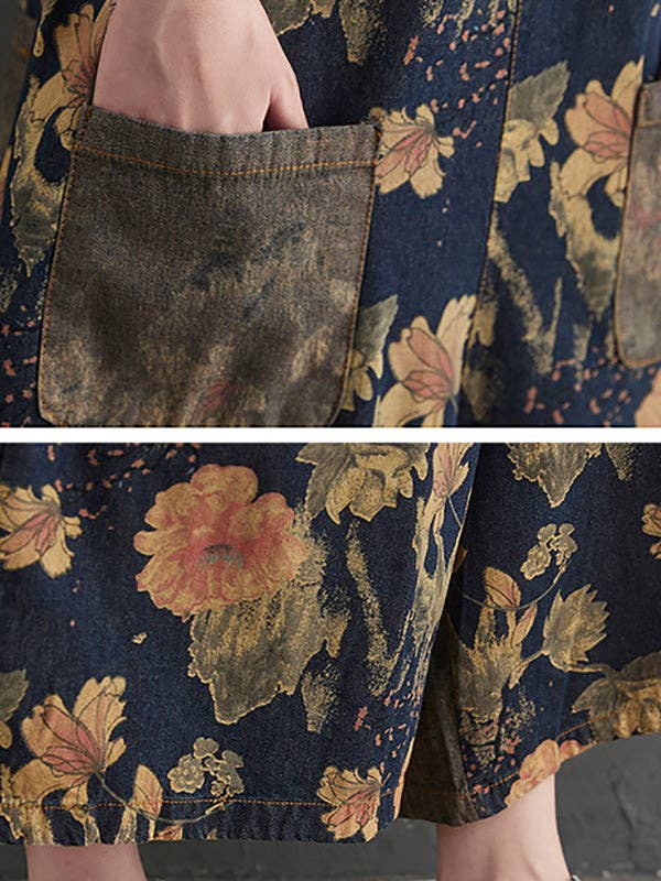 Oversize Wide Leg Floral Printed Split-Joint Overalls: DEEP BLUE / XL