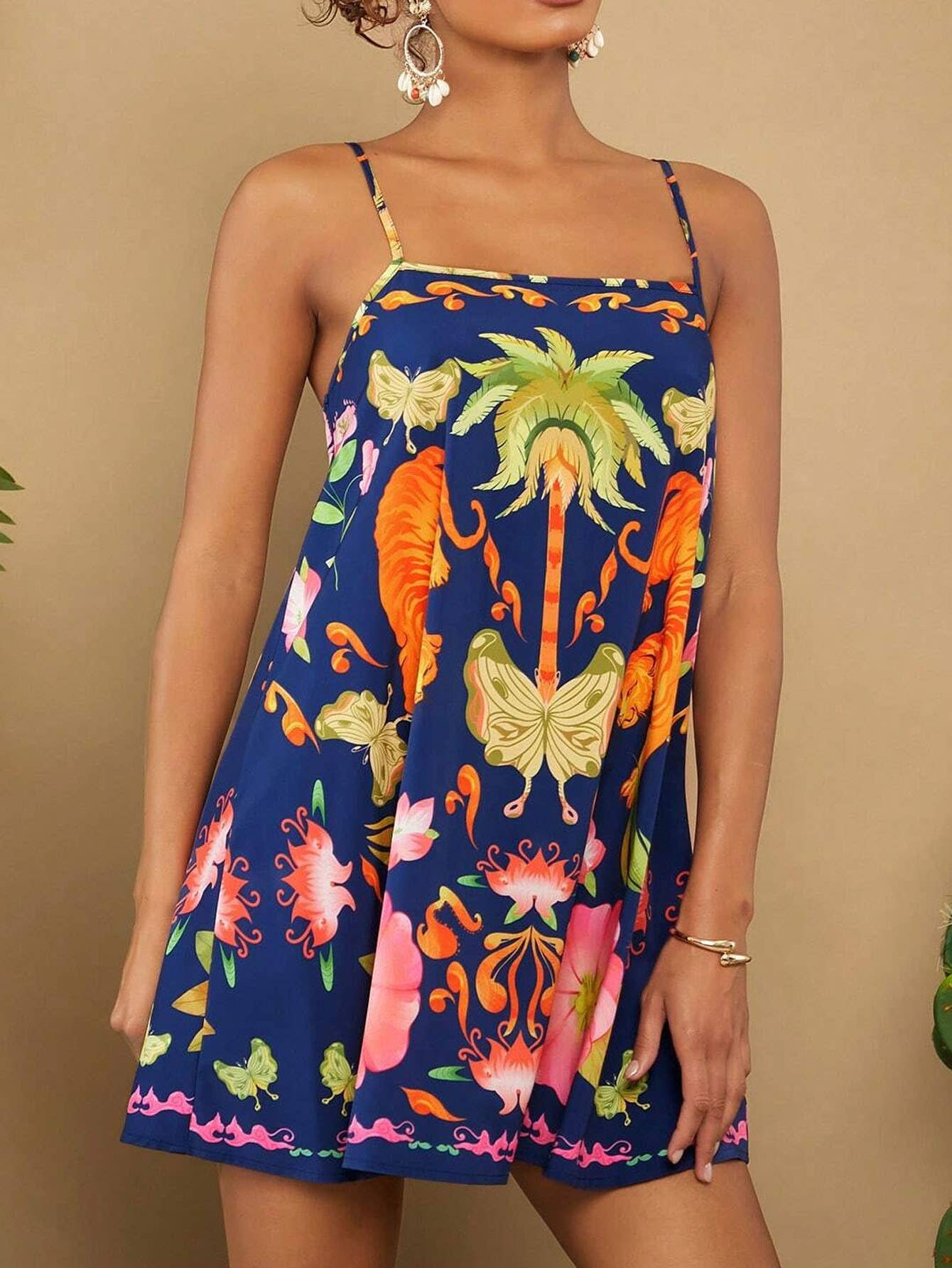 Boho Tropical & Animal Spaghetti Strap Dress