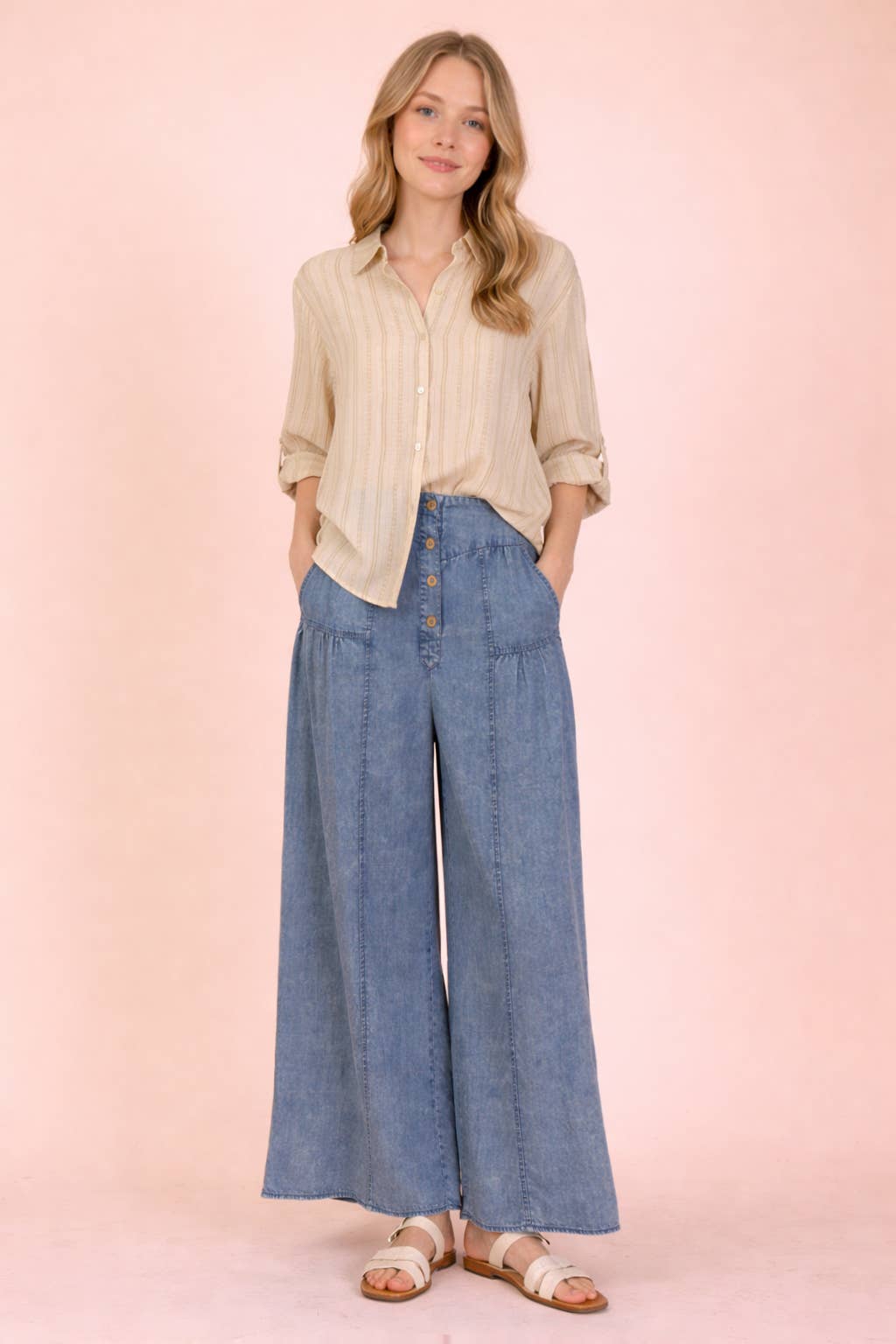 VERY J - NP70935X-PLUS SIZE Mineral Washed Chambray Wide Pants