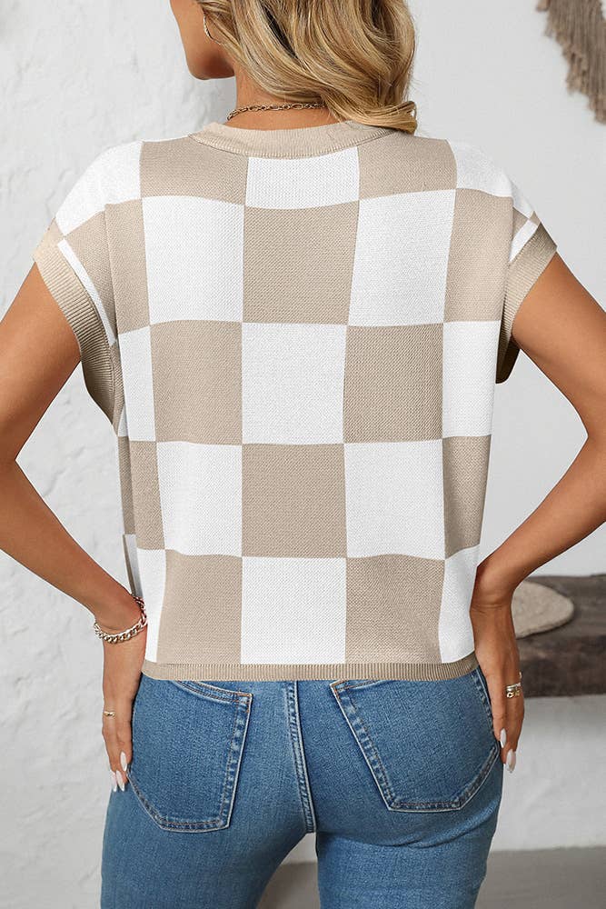UNISHE - Cropped Color Block Crewneck Knit Checkerboard Sweater MD167