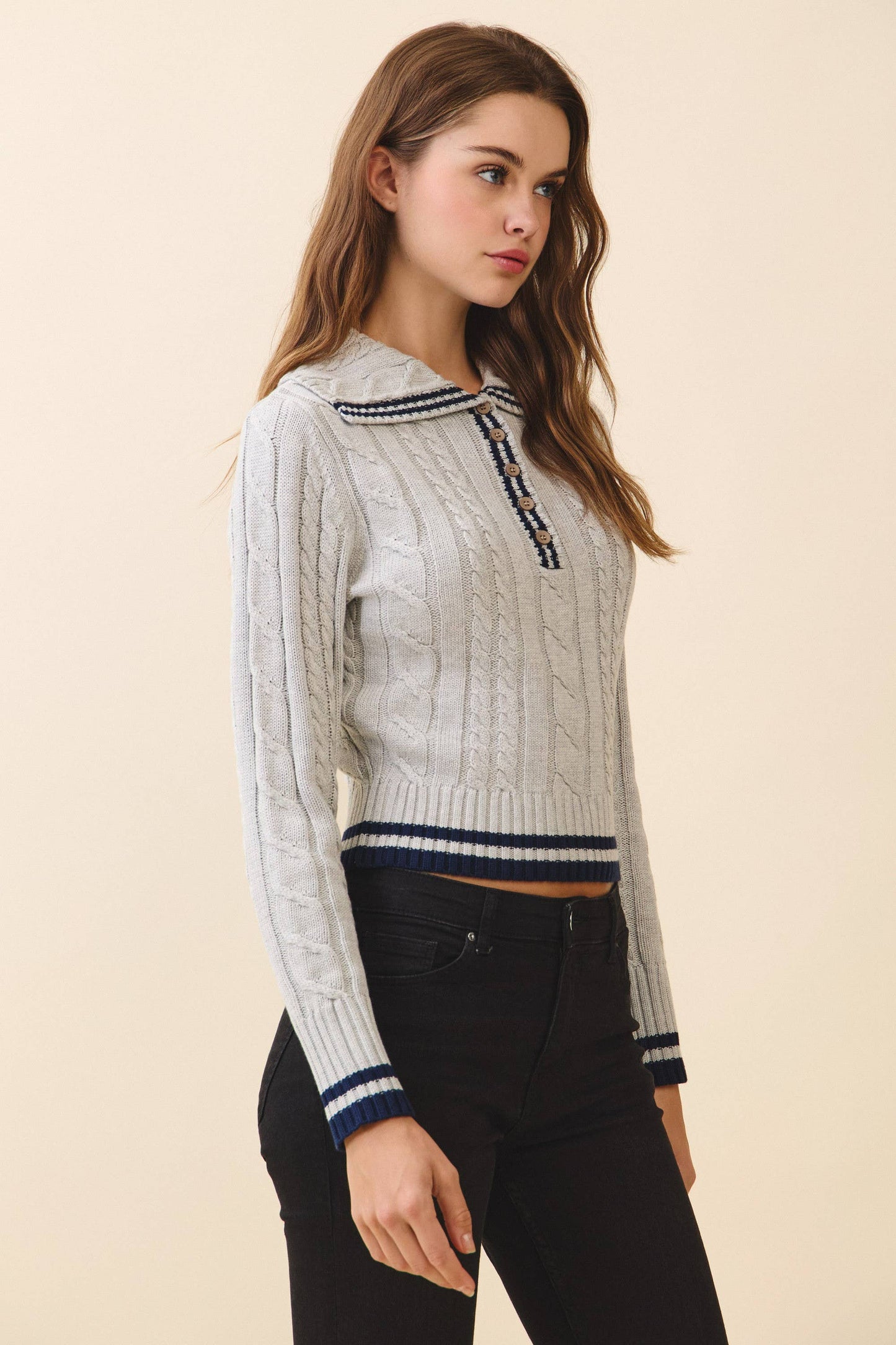 TCEC - CW2632-Contrast Striped Trim Cable knit Sweater top