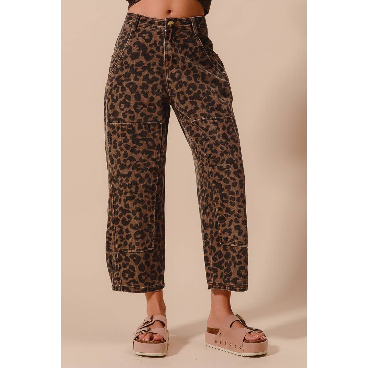 TWO TONED LEOPARD PRINT TWILL MID RISE WIDE PANTS