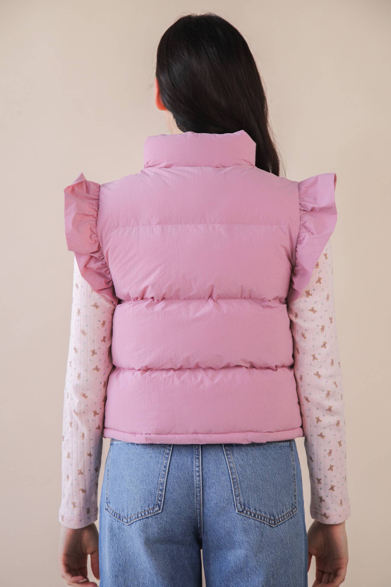 VERY J - NJ90385-Front Bow Ruffle Sleeve Puffer Vest