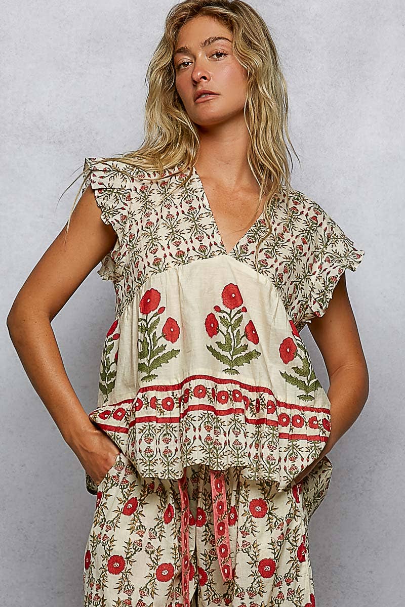 Pol Clothing - V-Neck Floral Pattern Ruffle Sleeve Top and bottoms
