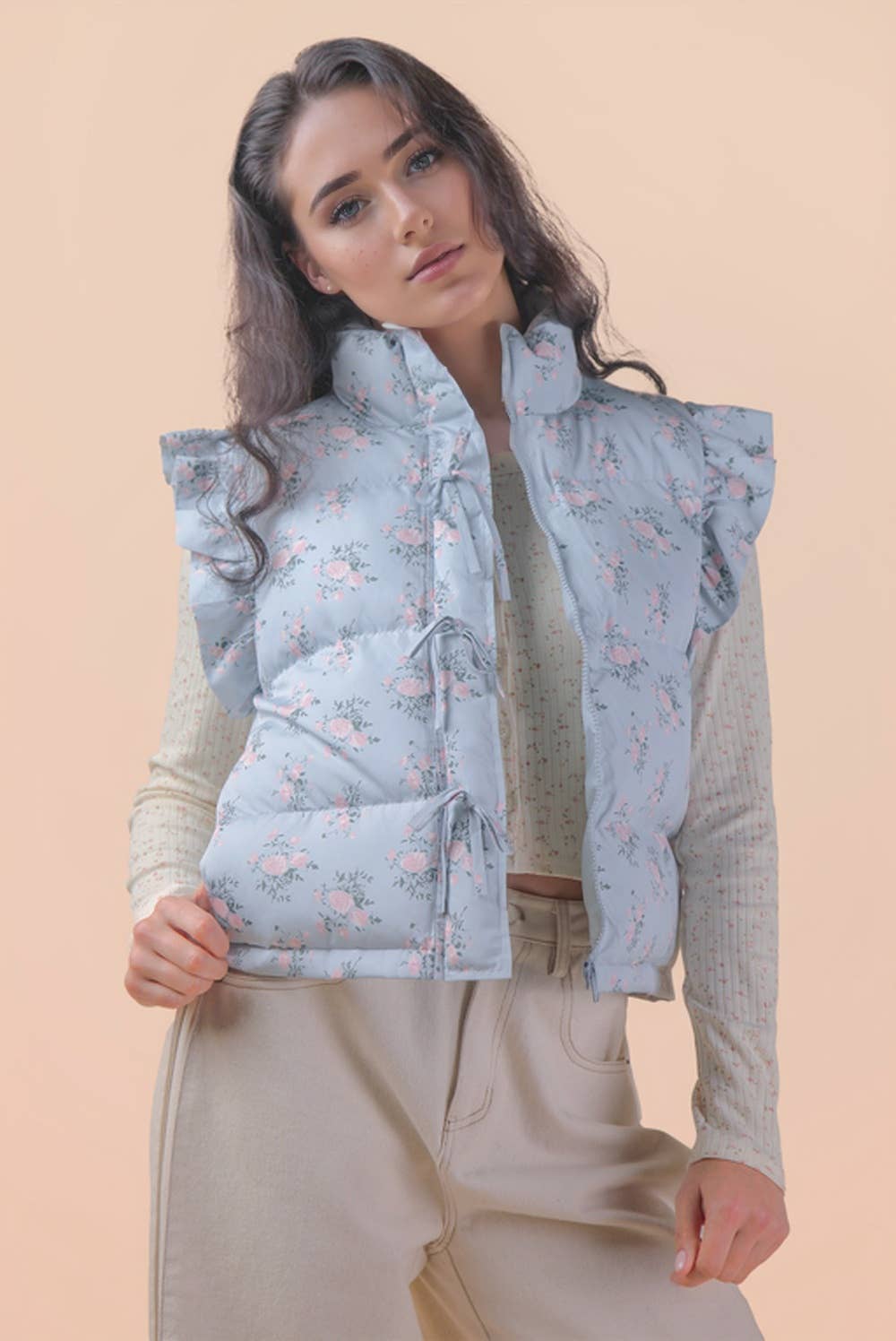 VERY J - NJ90385-Front Bow Ruffle Sleeve Puffer Vest