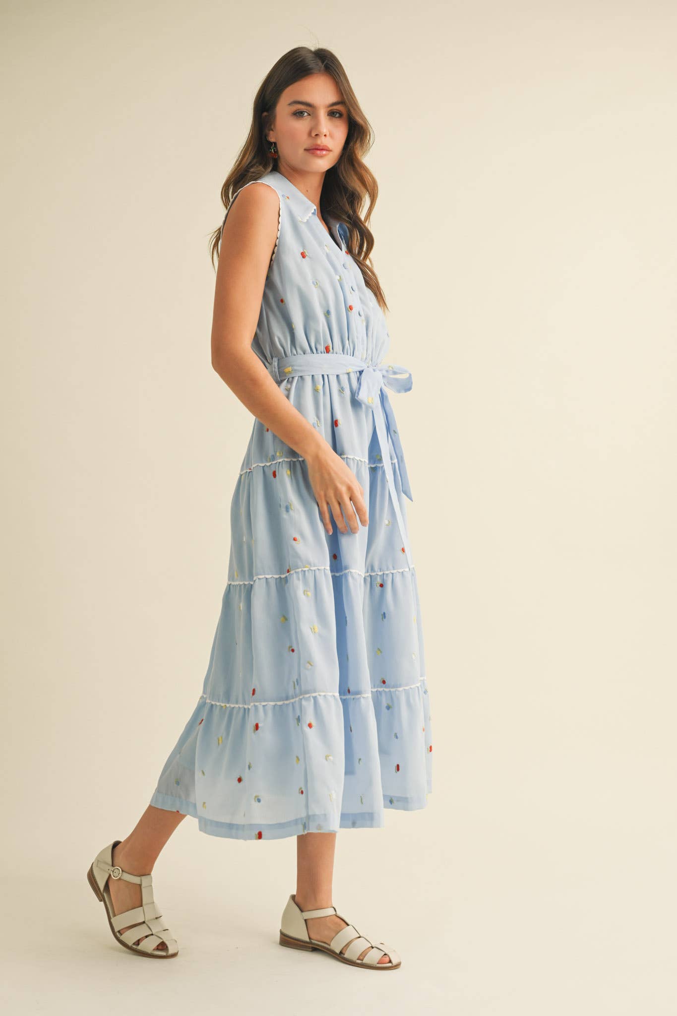 BUTTON DOWN EMBROIDERED MIDI DRESS MDR3592: Black Multi / L