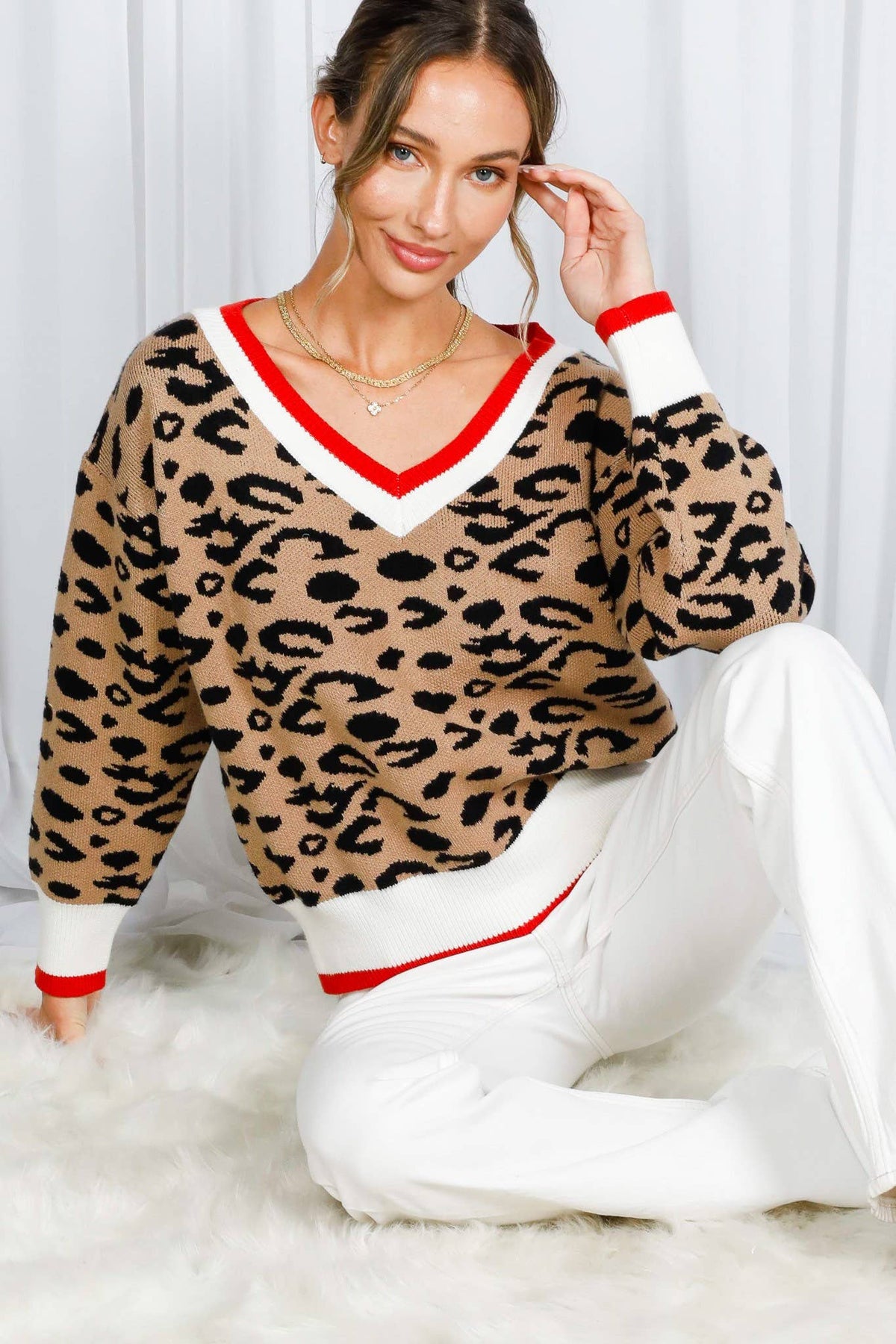 Vine & Love - Leopard Pattern V-Neck Contrast Rib Knitted Sweater VT82601