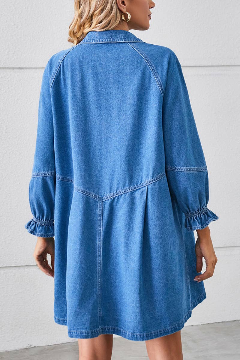 Lily Clothing - Loose wash long sleeve denim single breasted short dress