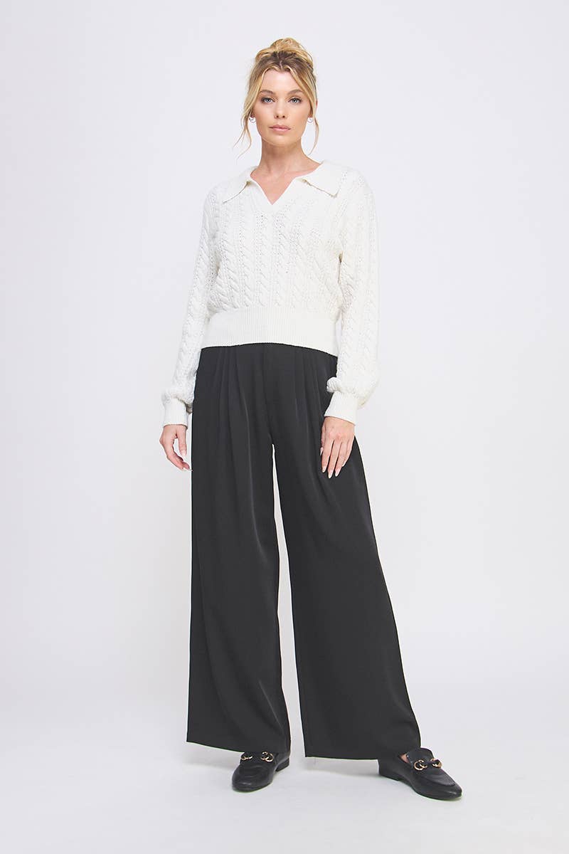 Grey Cable Knit Johnny Collar Pullover