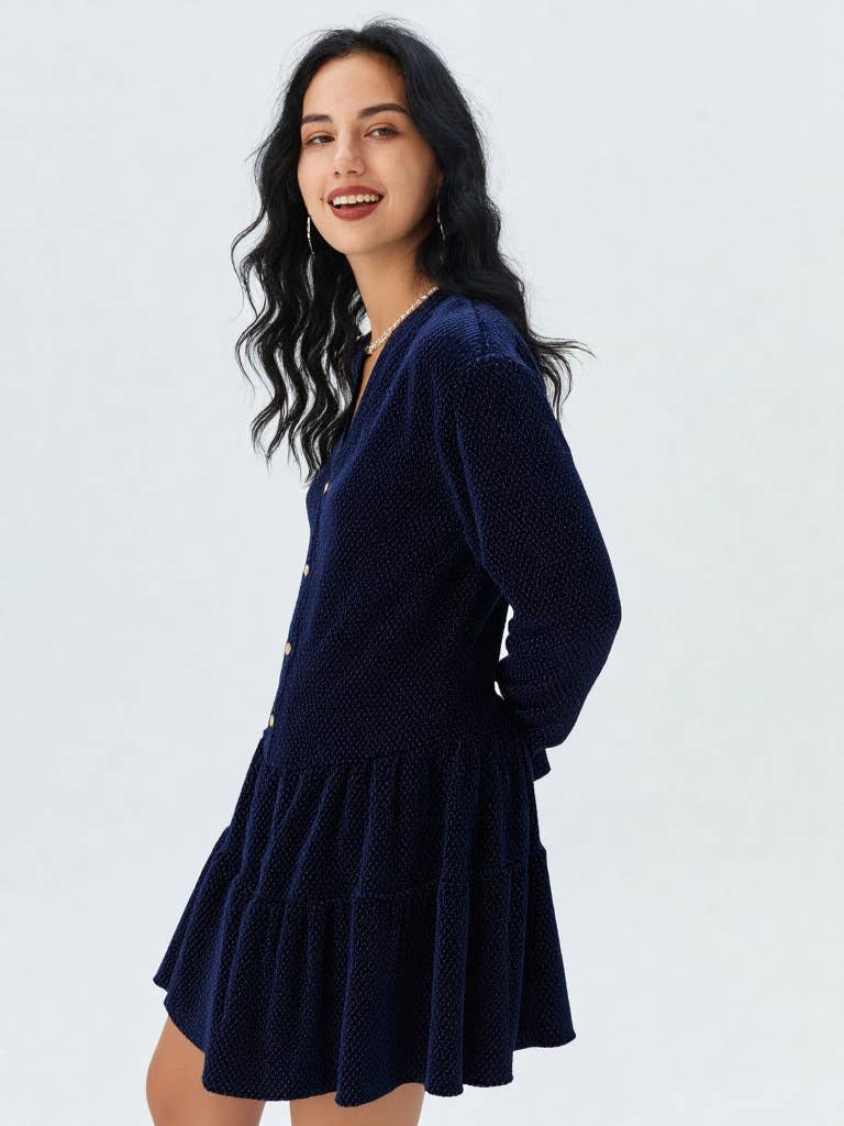VERY J - ND31003-Tiered Textured Woven Holiday Velvet Mini Dress