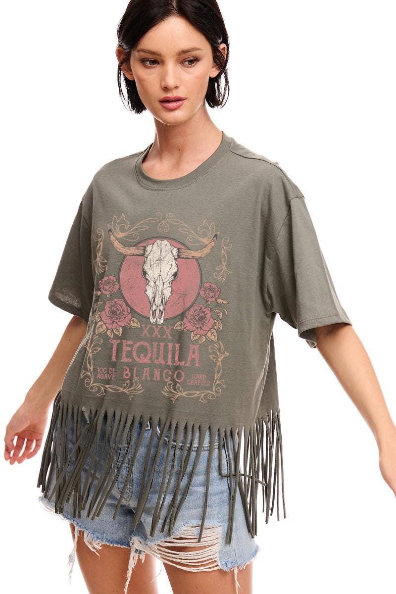 Tequila Blanco Longhorn Vintage Graphic S/S Fringe Tee