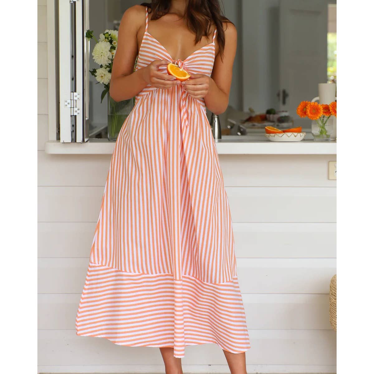 Mapcie - Striped Midi Dress with Smocking on the Back