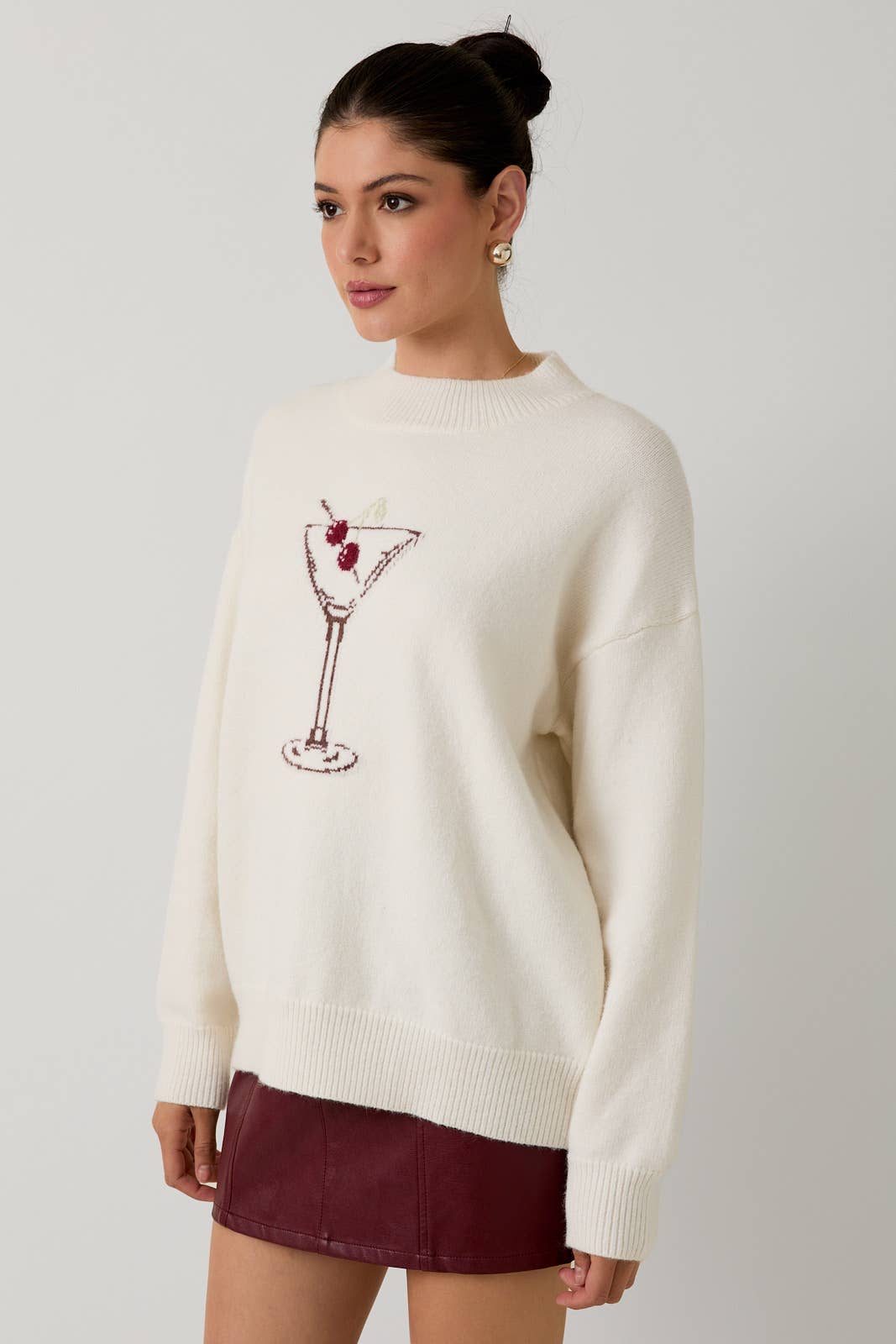 Sunday Edition by LE LIS - MOCK NECK LONG SLEEVE "CHERRY MARTINI" GRAPHIC SWEATER