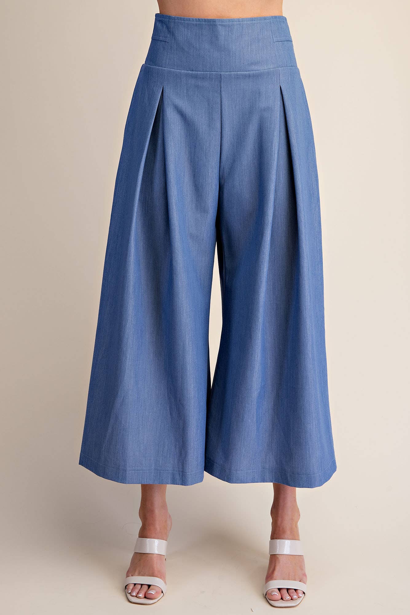 Glam - Wide Leg Pleated Crop Pants High Waist Band