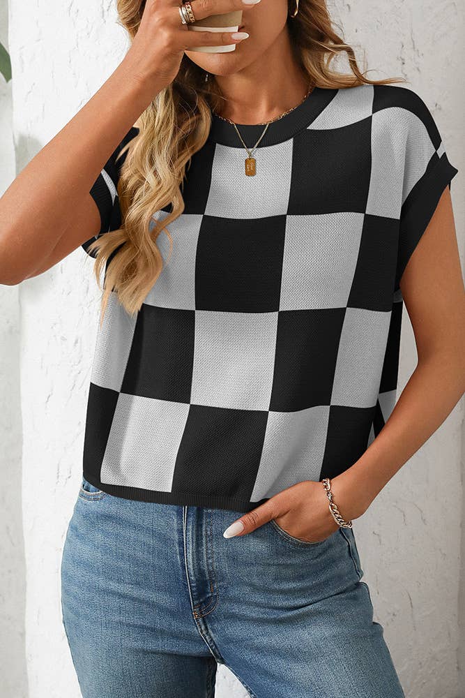 UNISHE - Cropped Color Block Crewneck Knit Checkerboard Sweater MD167