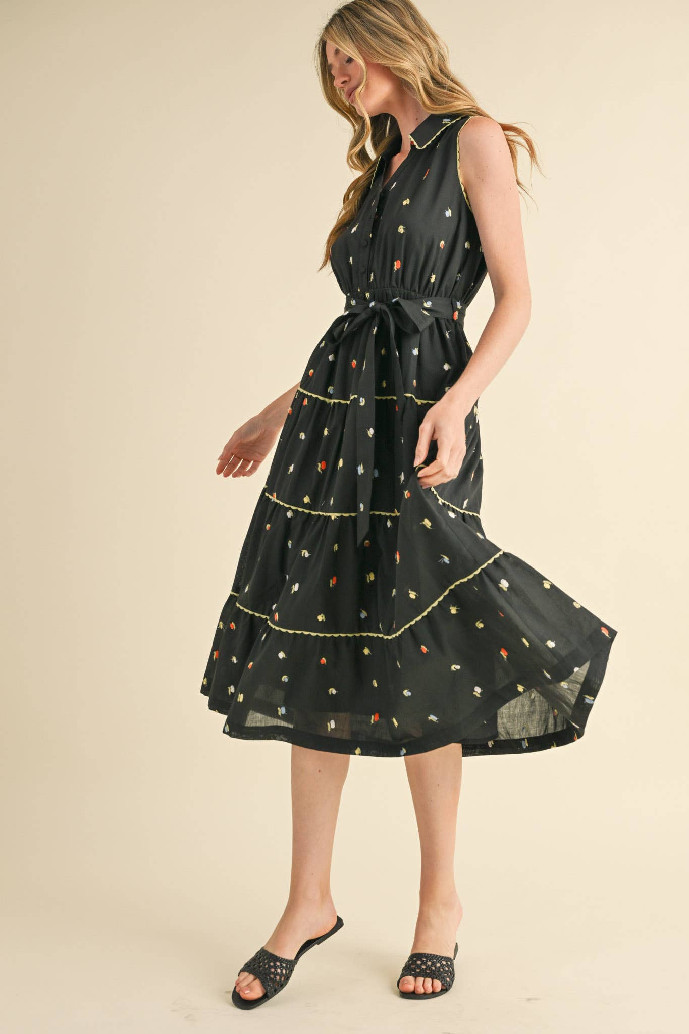 &MERCI - BUTTON DOWN EMBROIDERED MIDI DRESS MDR3592: Black Multi / M
