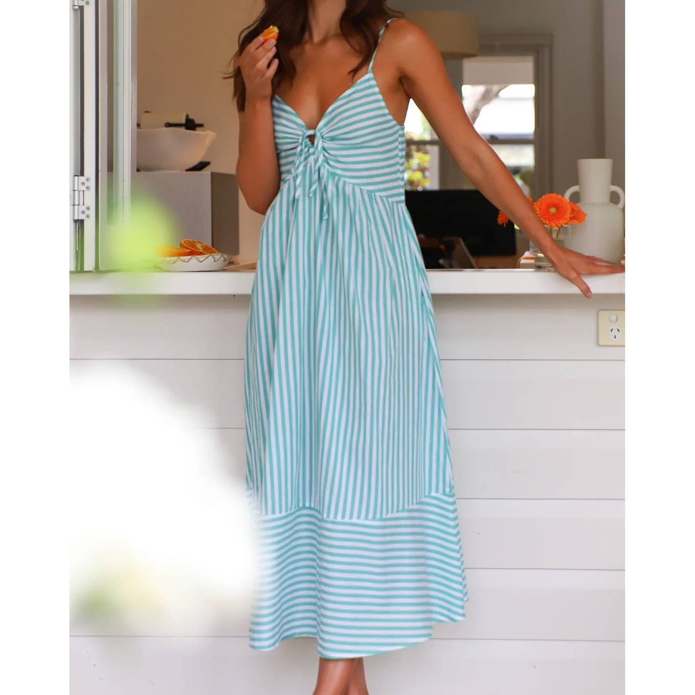 Mapcie - Striped Midi Dress with Smocking on the Back