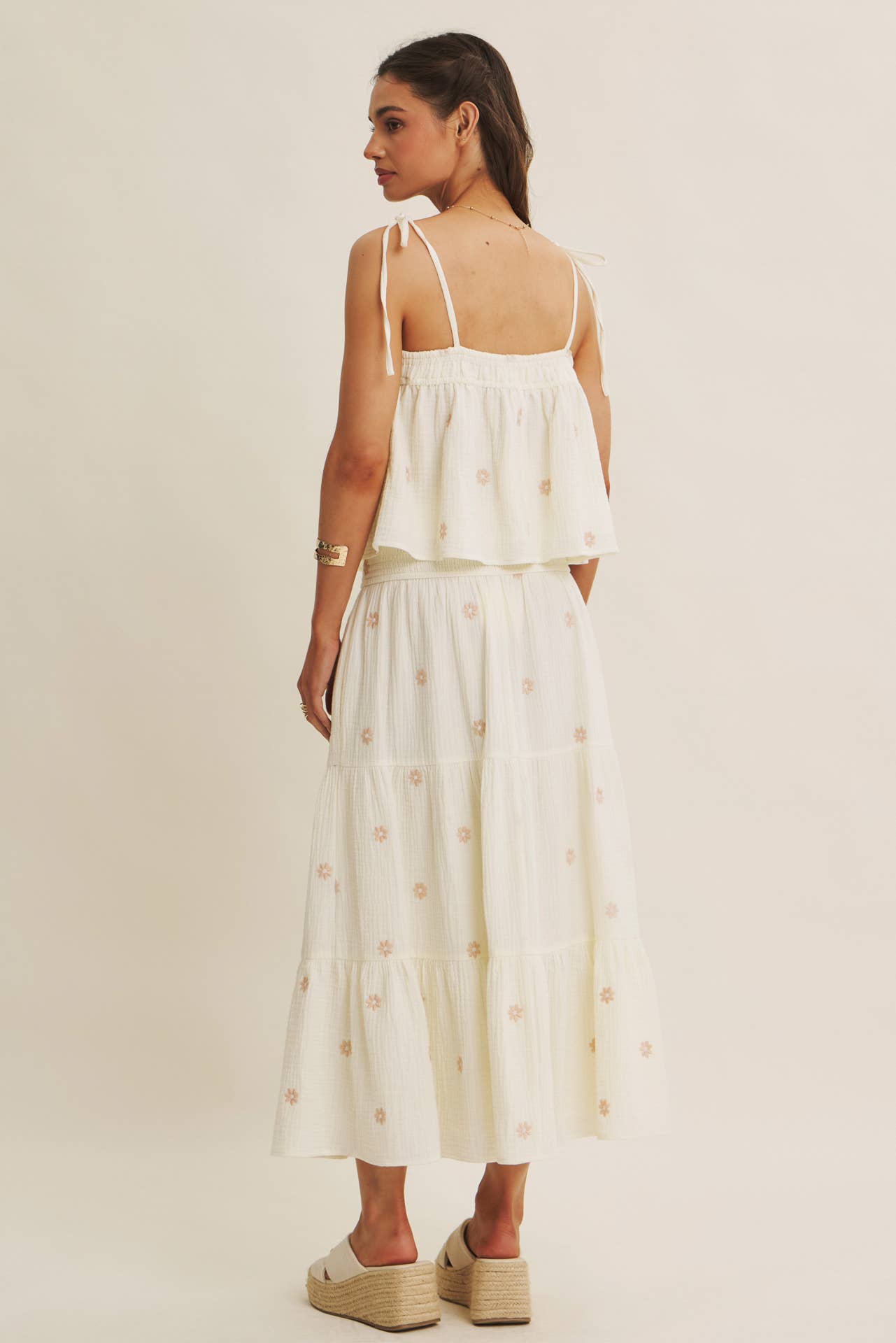 in february - SUNSET FIELD EMBROIDERED COTTON GAUZE TANK WITH TIE STRAPS