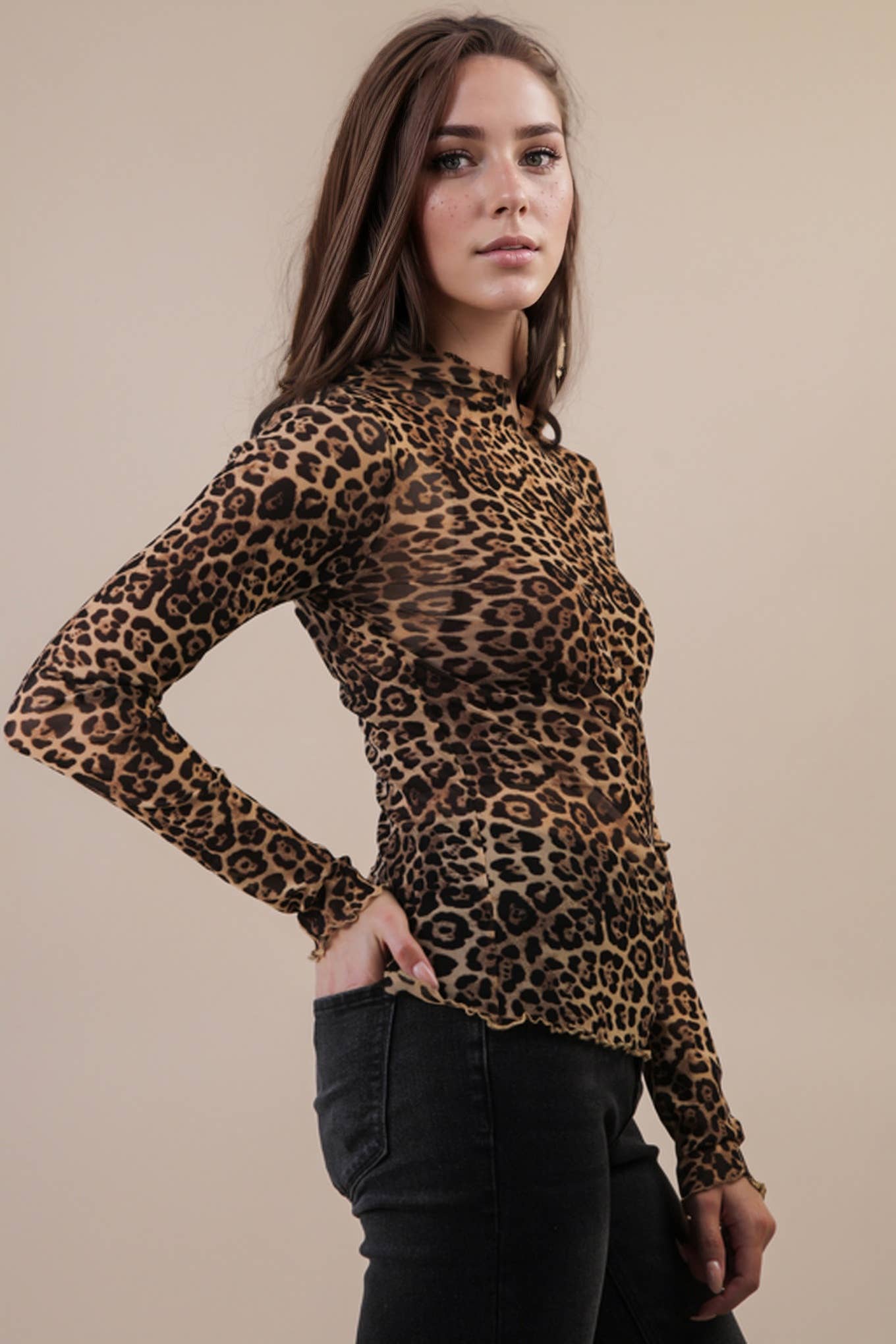 VERY J - NT12220-High Neck Fitted Sheer Mesh Lace Knit Top