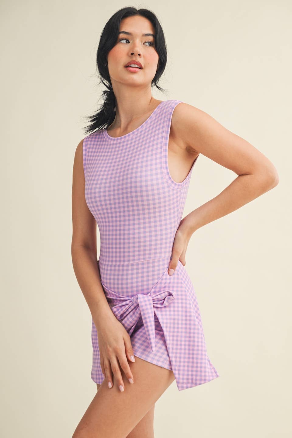 KIMBERLY C - Gingham Print Sleeveless Wrap Tie Front Dress : Black Gingham / L