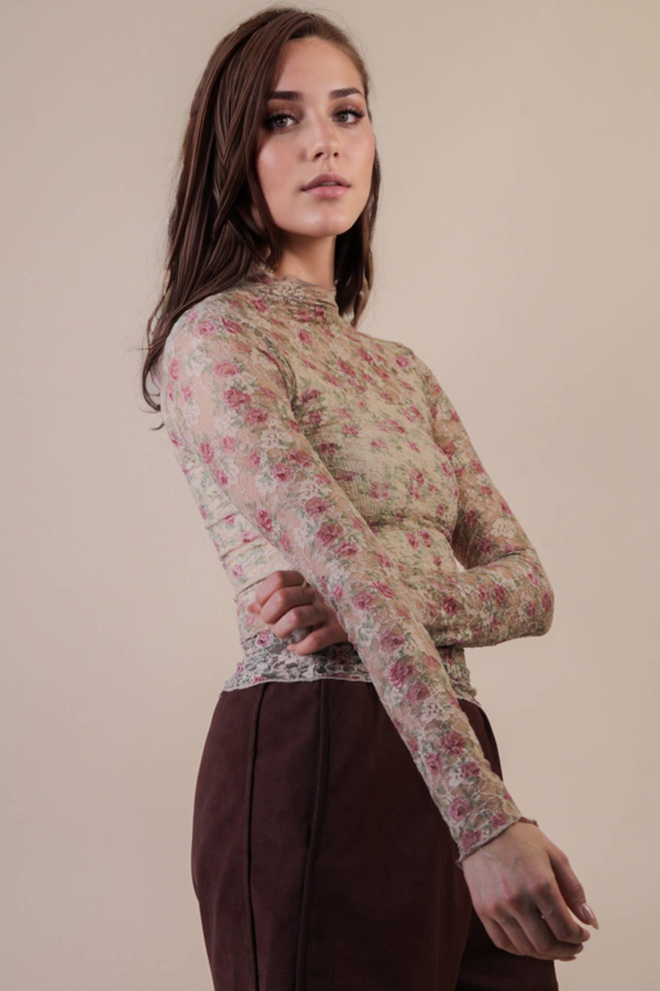 VERY J - NT12220-High Neck Fitted Sheer Mesh Lace Knit Top