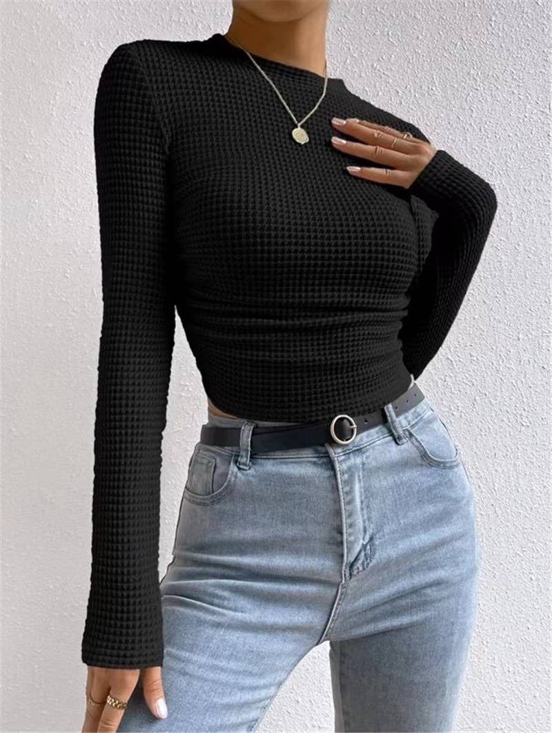HIDDENBRAND - Plain Waffle Fitted long Sleeve Top