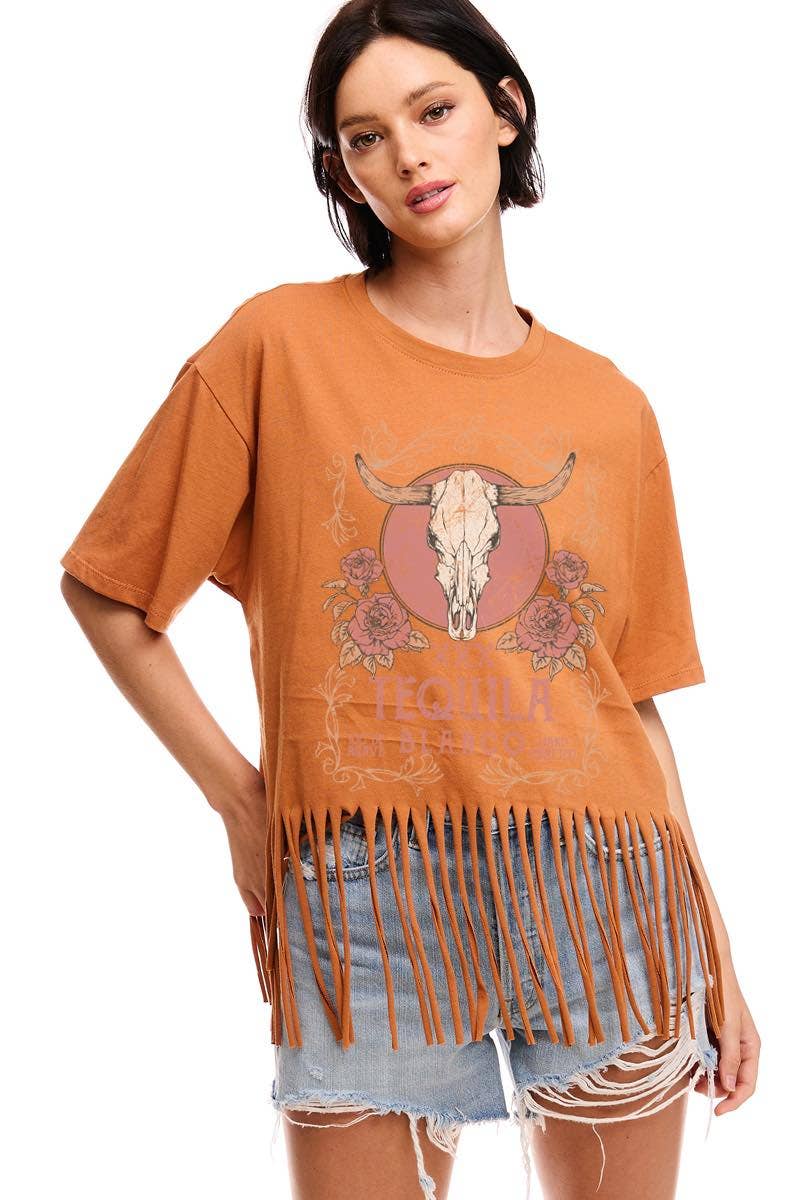 Tequila Blanco Longhorn Vintage Graphic S/S Fringe Tee