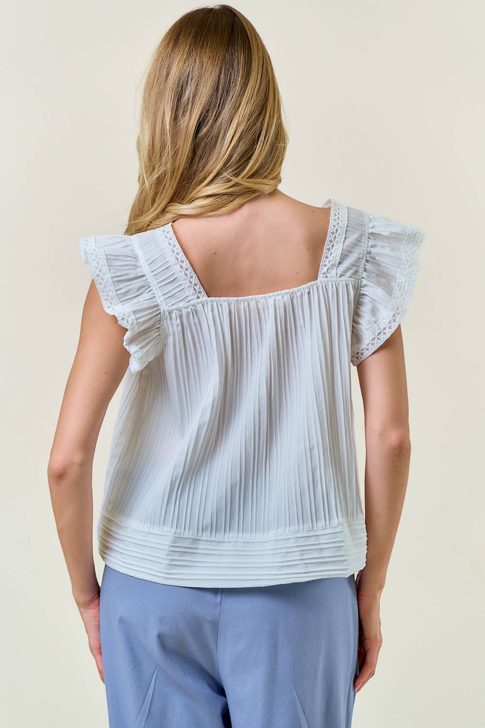 SQUARE NECK RUFFLE CAP SLEEVE LACE TRIM DETAIL TOP
