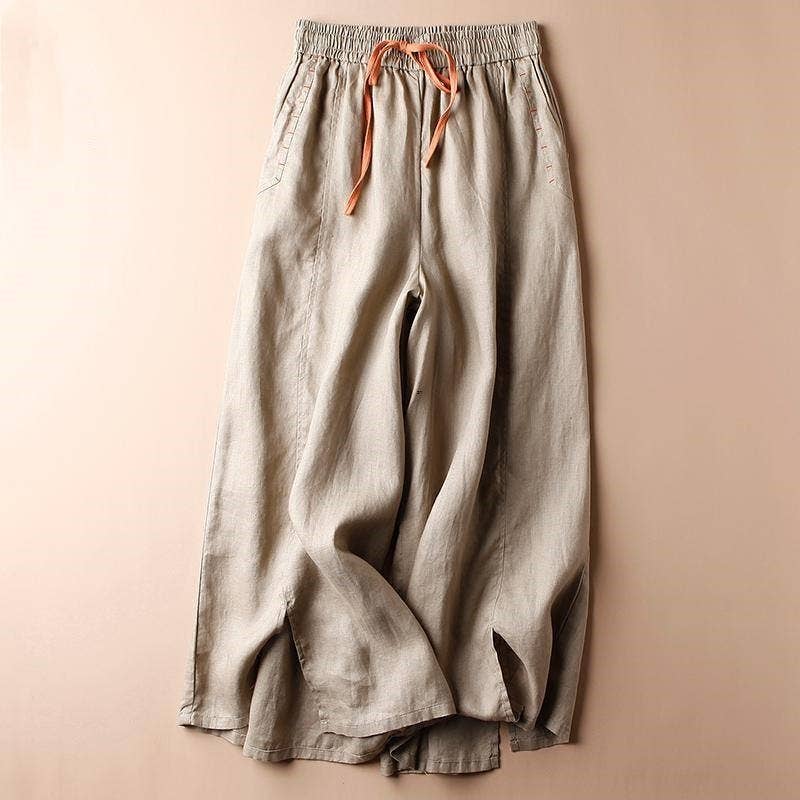 Solid Color Casual Loose Fit Nine-Point Wide Leg Pants: LINEN / M