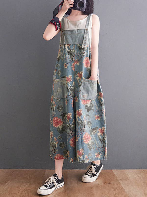 Oversize Wide Leg Floral Printed Split-Joint Overalls: DEEP BLUE / XL
