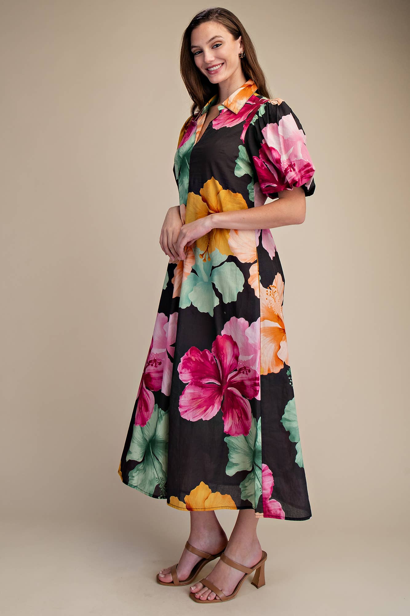 Glam - Collar V-Neck Pleated Midi Dress