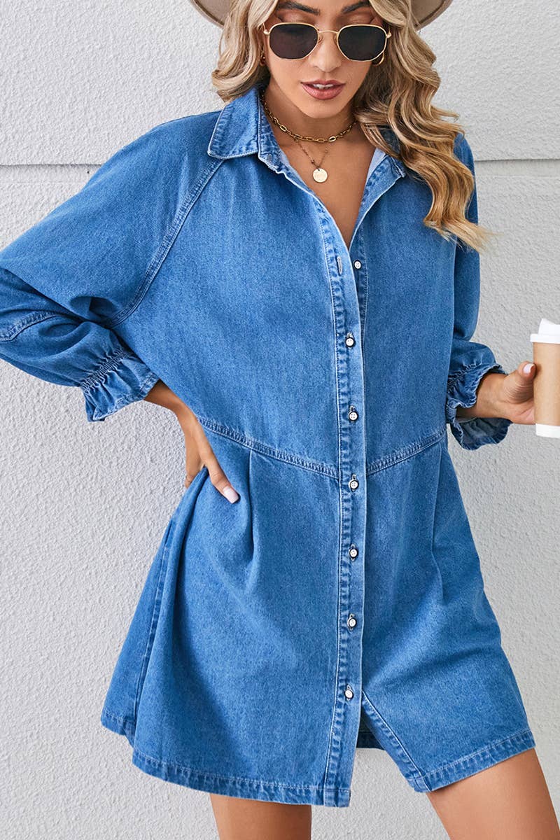 Lily Clothing - Loose wash long sleeve denim single breasted short dress