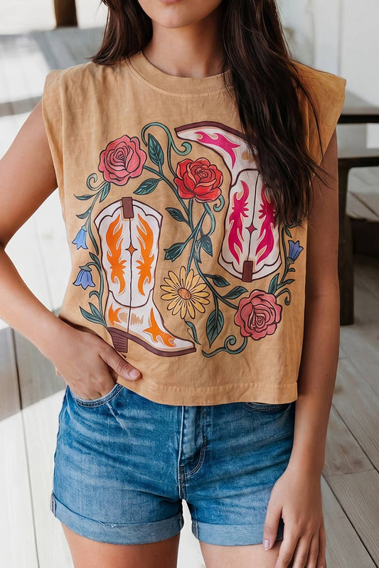 66DISCO - Western Floral Print Sleeveless Round Neck Top (S-XL)