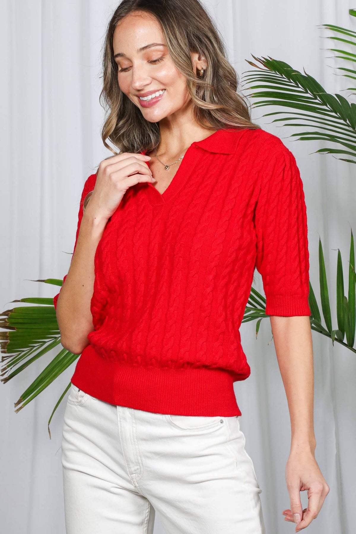 Vine & Love - Collared Split Neck Cable Detail Knitted Sweater VT82673