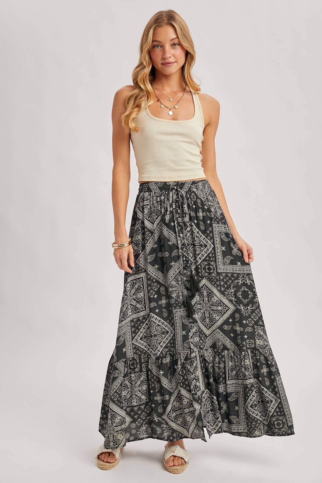 Bluivy - BOHO PRINT TIERED BUTTON DOWN FRONT MAXI SKIRT