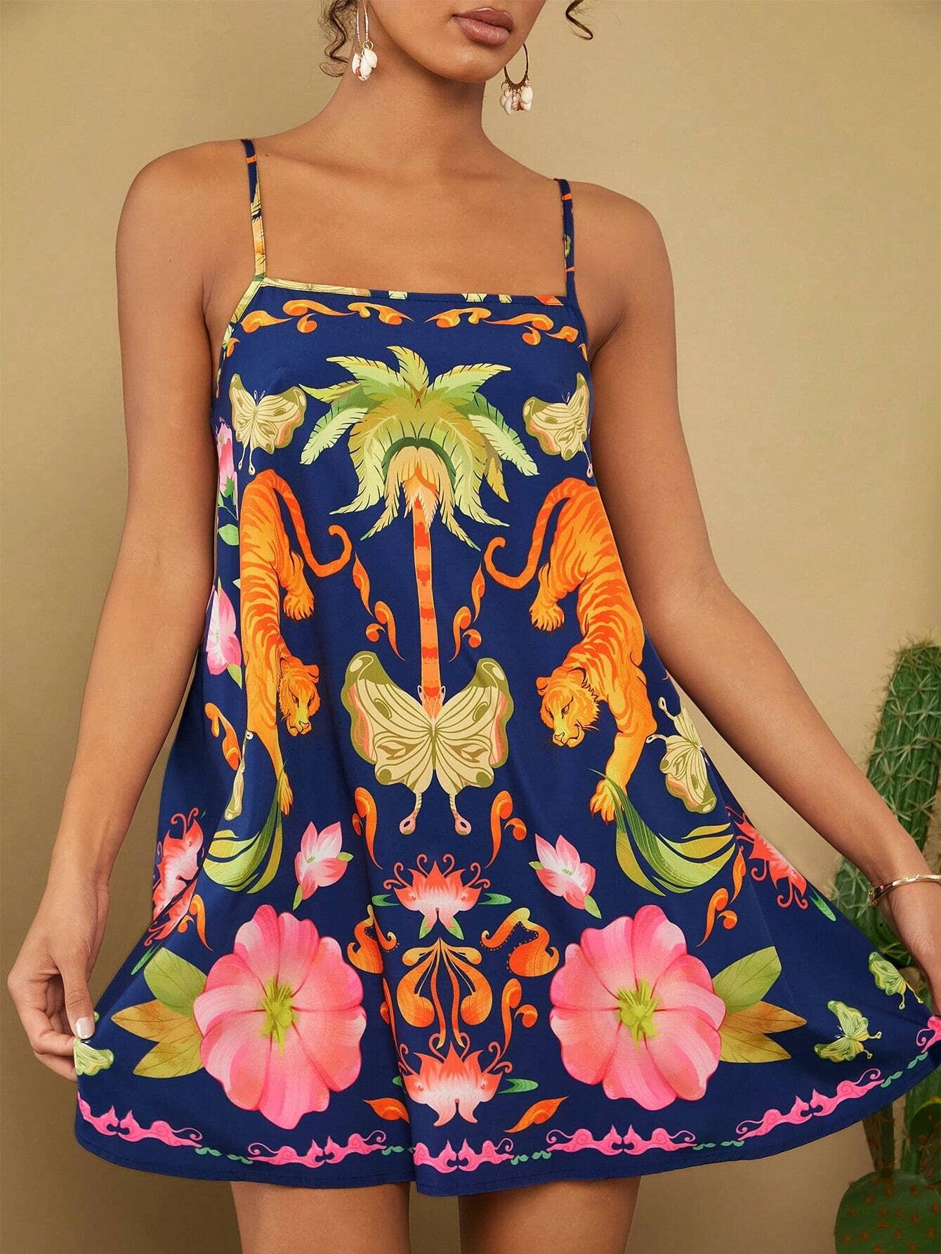 Boho Tropical & Animal Spaghetti Strap Dress