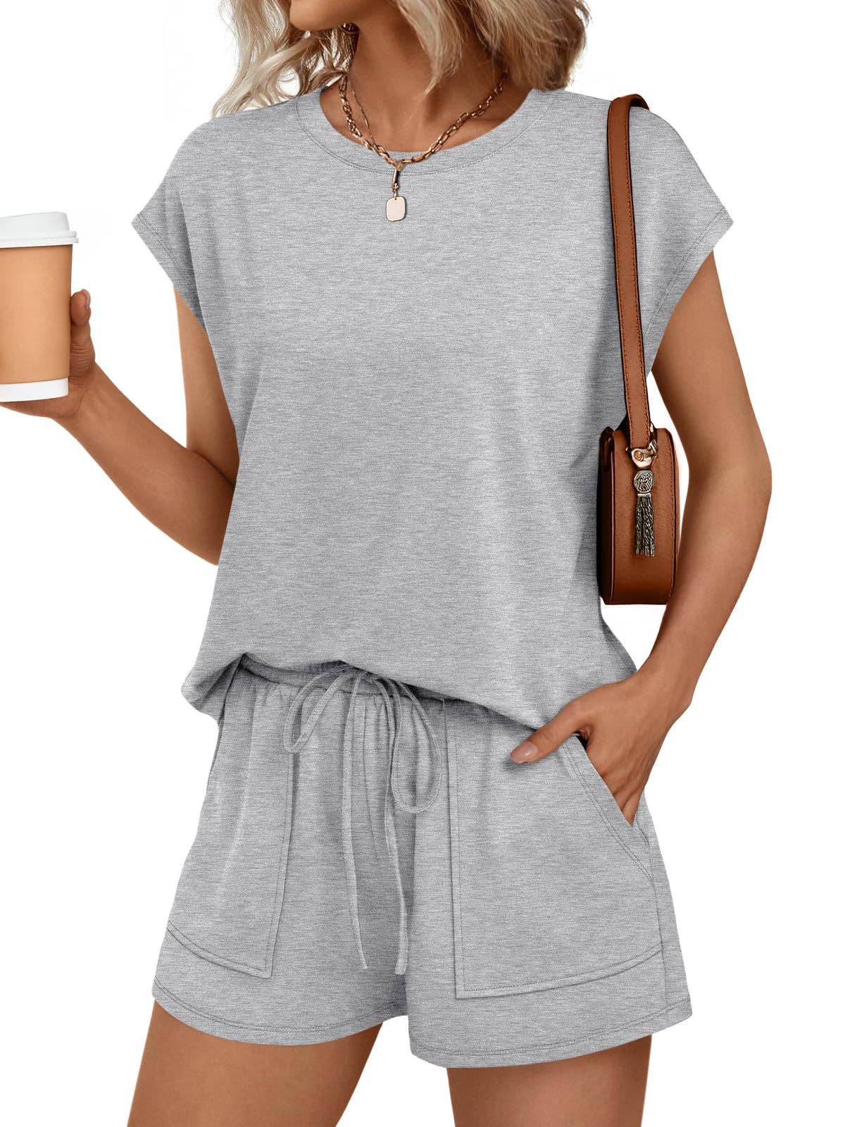 Suhkasana - Casual Lounge Set Cap Sleeve Top Drawstring Shorts