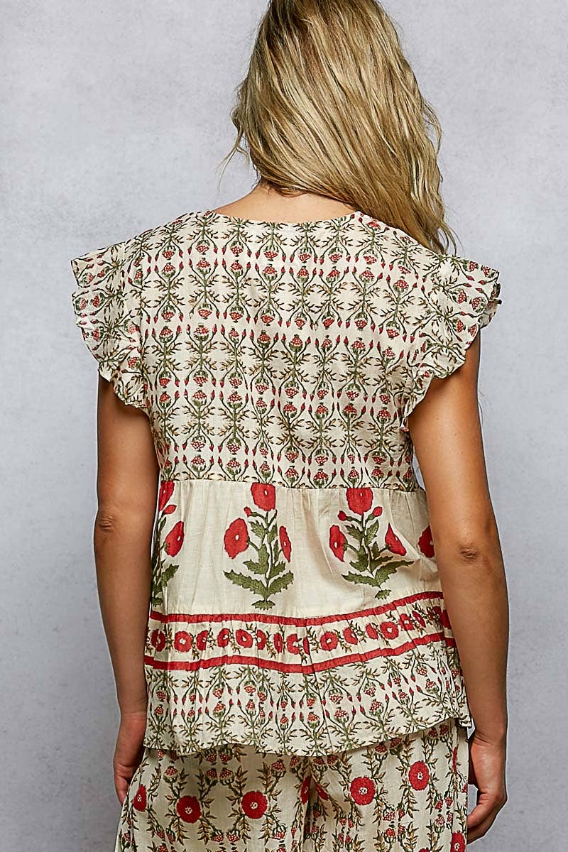 Pol Clothing - V-Neck Floral Pattern Ruffle Sleeve Top and bottoms