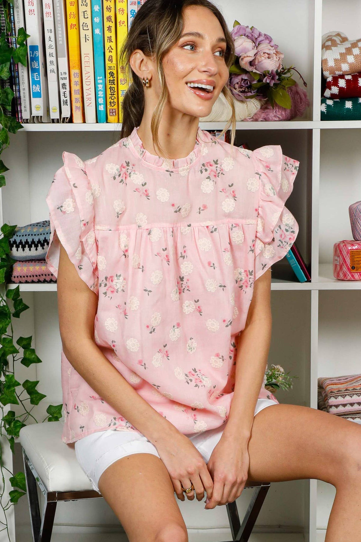 Vine & Love - Floral Embroidered Ruffle Detail Organza Blouse Top VT82257