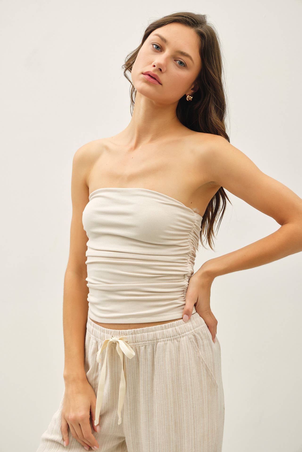 MOCHA JERSEY RUCHED CROP TUBE TOP