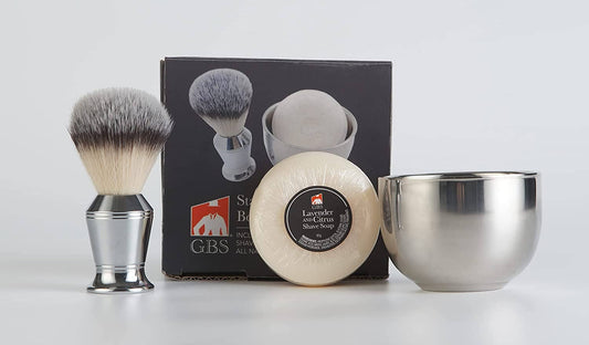 GENTS FINE GROOMING PRODUCTS - G.B.S Wet Shaving Set- Stainless Shaving Brush, Bowl + Soap